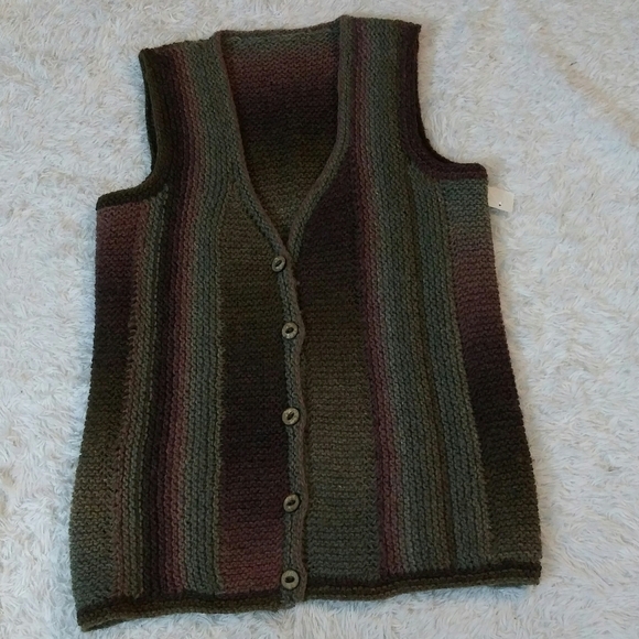Handmade Brown Multicolor Crochet V-Neck Sleeveless Button Up Cardigan Sweater - Picture 6 of 8